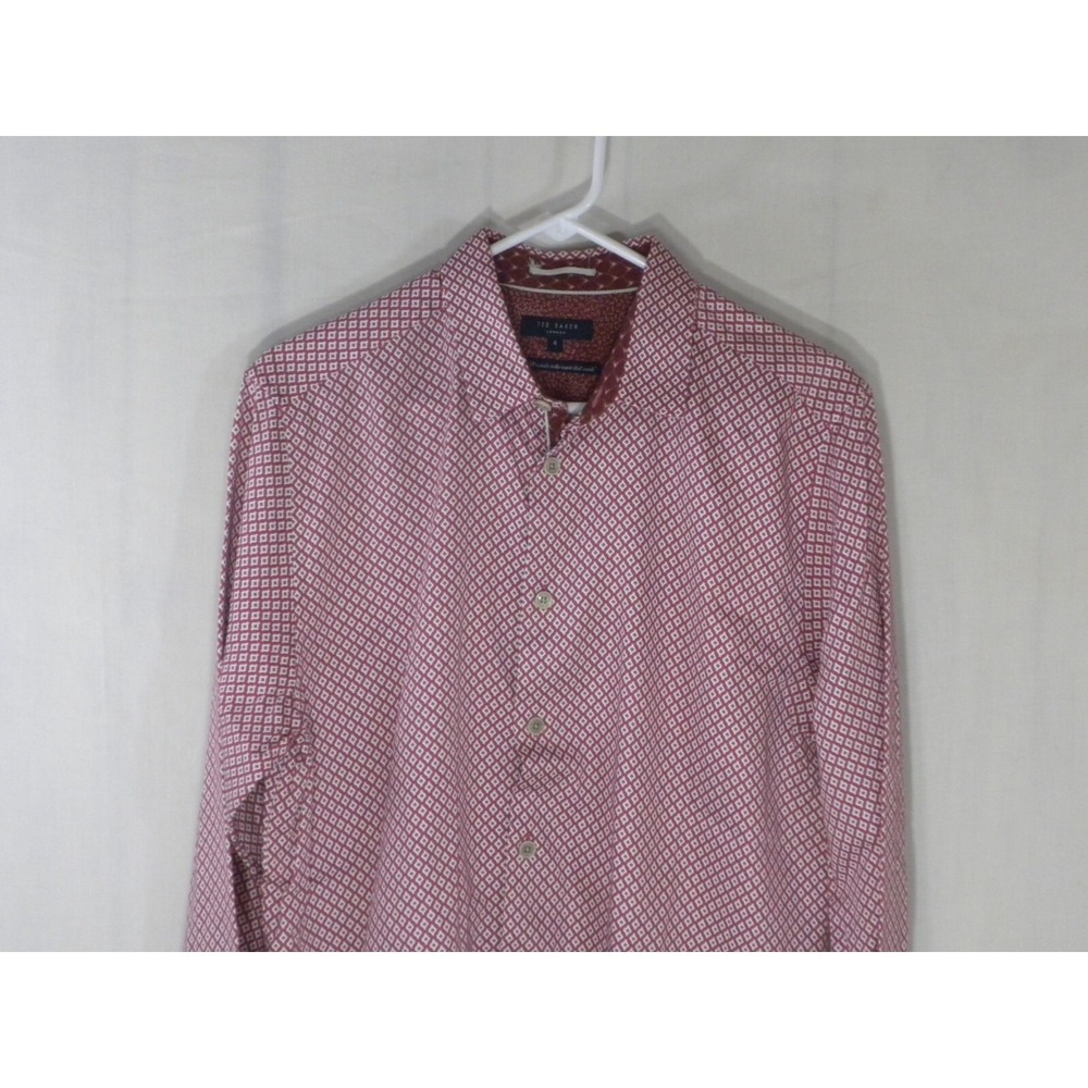 Ted Baker London Dress‎ Shirt Size 4 L Red Geometric Button Up Long Sleeve Cuffs - Picture 3 of 14